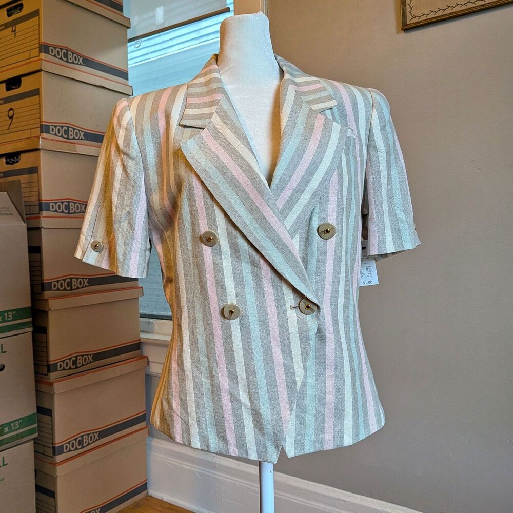 Vintage 90s Kasper Striped Blazer Pastel Linen Double Breasted Light Academia 6P - Picture 9 of 13